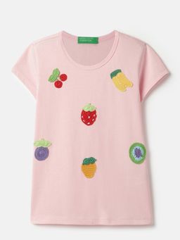 United Colors of Benetton - Regular Fit Round Neck Embroidered T-Shirt Pink