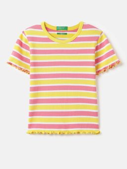 United Colors of Benetton - Cropped Round Neck Stripe T-Shirt Multi-Color
