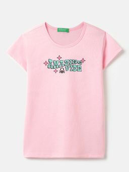 United Colors of Benetton - Regular Fit Round Neck Typography T-Shirt Pink