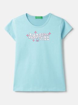 United Colors of Benetton - Regular Fit Round Neck Typography T-Shirt Blue