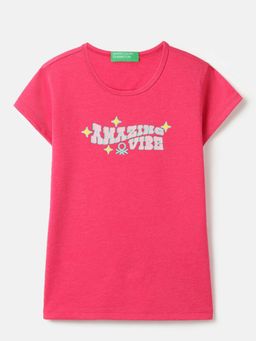 United Colors of Benetton - Regular Fit Round Neck Typography T-Shirt Pink