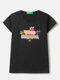 United Colors of Benetton - Regular Fit Round Neck Typography T-Shirt Black