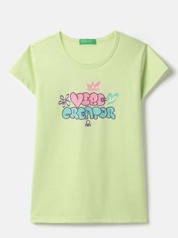 United Colors of Benetton - Regular Fit Round Neck Typography T-Shirt Green