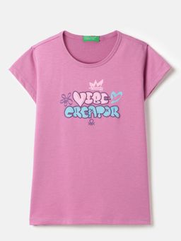 United Colors of Benetton - Regular Fit Round Neck Typography T-Shirt Pink