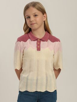 VERO MODA - Girls Colour Blocked Regular Fit Beige Polo T-Shirt