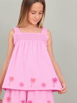 VERO MODA - Girls Pink Embroidered Smocked Top