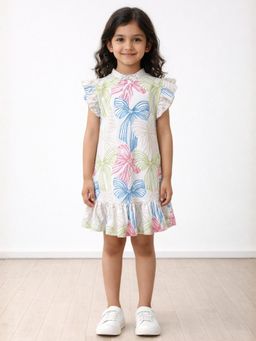 ANTHRILO - Girls Cotton Blend Painted Bow Frill Comfort Fit Party Dress - Off White