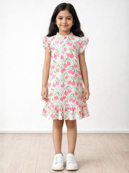 ANTHRILO - Girls Cotton Blend Dotted Cherry Frill Comfort Fit Party Dress - Off White