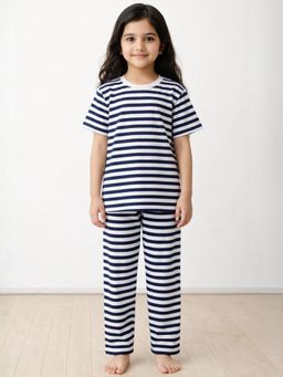 ANTHRILO - Girls Cotton Stripe Short Sleeve Comfort Fit Pyjama With T-Shirt - Navy Blue