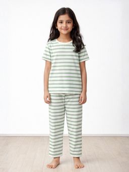 ANTHRILO - Girls Cotton Stripe Short Sleeve Comfort Fit Pyjama With T-Shirt - Green