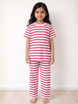 ANTHRILO - Girls Cotton Stripe Short Sleeve Comfort Fit Pyjama With T-Shirt - Red