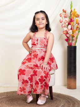 Bugandbees - Floral Print Peplum Top And Circular Palazzos With Dupatta