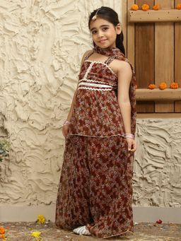Bugandbees - Floral Print Peplum Top And Circular Palazzos With Dupatta