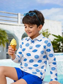 Somersault - Boys Lemon Slice And Leaf Motifs White Cotton Full Sleeve T-Shirt