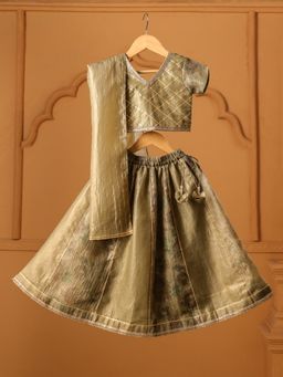 CASA NINOS - Olive Gold Silk Lehenga With Top & Dupatta