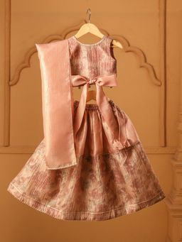 CASA NINOS - Blush Pink Reversible Bow Top With Lehenga & Dupatta