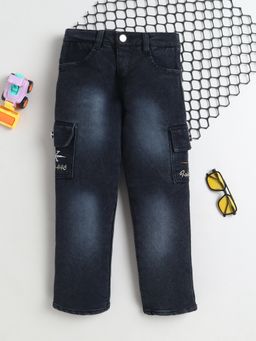 FOURFOLDS - Boys Charcoal Grey Straight Fit Denim Cargo Jeans
