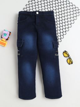 FOURFOLDS - Boys Navy Blue Straight Fit Denim Cargo Jeans