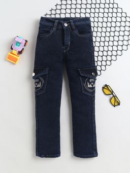 FOURFOLDS - Boys Dark Blue Straight Fit Denim Cargo Jeans