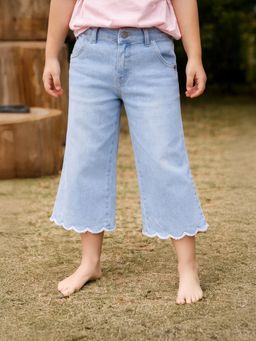Somersault - Girls Solid Blue Cotton Wide Leg Jeans