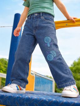 Somersault - Girls Solid Blue Cotton Wide Leg Jeans