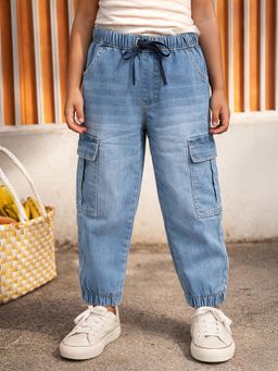 Somersault - Girls Solid Blue Cotton Jogger Jeans