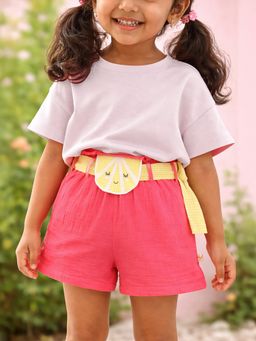 Somersault - Girls Solid Pink Cotton Above Knee Shorts With Belt