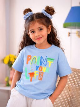 Somersault - Girls Typography Blue Cotton T-Shirt