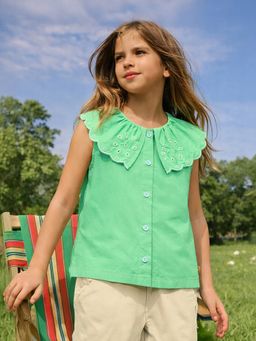 Somersault - Girls Solid Green Cotton Sleeveless Top