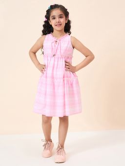 Stylo Bug - Girls Checks Print Round Neck Sleeveless A-Line Dress Pink