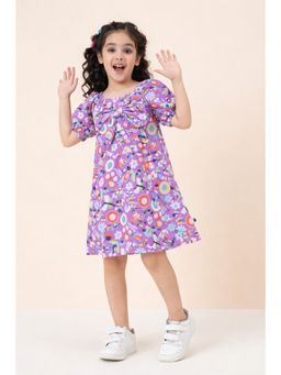 Stylo Bug - Girls Flower Print Round Neck Short Sleeves A-Line Dress Purple