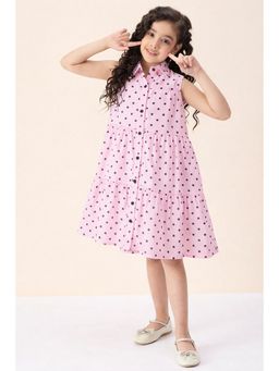 Stylo Bug - Girls Polka Dots Print Shirt Collar Sleeveless A-Line Dress Peach