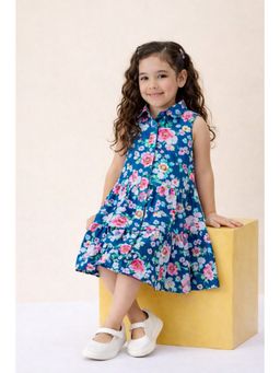 Stylo Bug - Girls Flower Print Shirt Collar Sleeveless A-Line Dress Blue