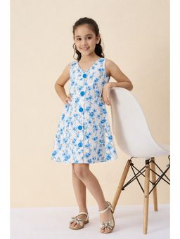 Stylo Bug - Girls Flower All Over Print V-Neck Sleeveless A-Line Dress Blue