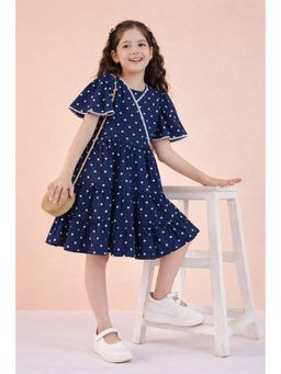 Stylo Bug - Girls Polka Dots Print V-Neck s A-Line Dress Navy Blue