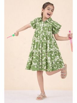 Stylo Bug - Girls Flower Print Shirt Collar s A-Line Dress Green