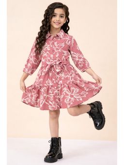 Stylo Bug - Girls Flower Print Shirt Collar 3/4Th Sleeves A-Line Dress Brown
