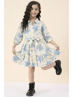 Stylo Bug - Girls Flower Print Shirt Collar 3/4Th Sleeves A-Line Dress Off White