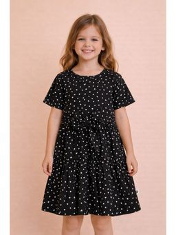 Stylo Bug - Girls Dots Print Round Neck Short Sleeves A-Line Dress Black