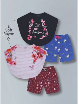 PLUM TREE - Girls Glittered Floral Poncho And Unicorn Aop Shorts (Pack of 2)