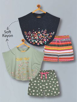 PLUM TREE - Girls Glittered Floral Poncho And Geometric Aop Shorts (Pack of 2)