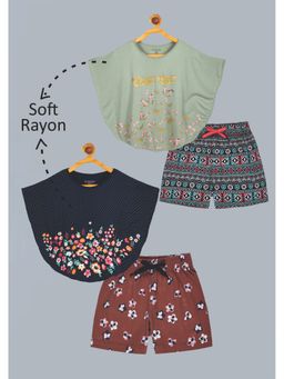 PLUM TREE - Girls Flower Glitter Poncho T-Shirt & All Over Shorts (Pack of 2)