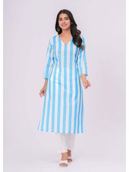 JAIPURRANG - Turquoise White Stripe V- Neck Kurta