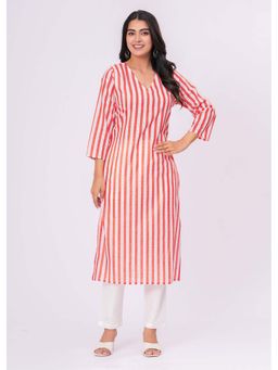 JAIPURRANG - Orange White Stripes V-Neck Straight Kurta