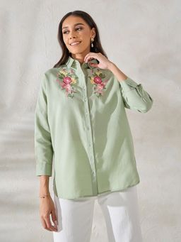 Styli - Women Green Oversized Longline Floral Embroidered Cotton Shirt