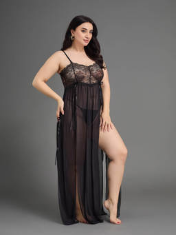G Heist - Women Plus Size Sheer Self Design Long Nightwear Baby Doll Lingerie