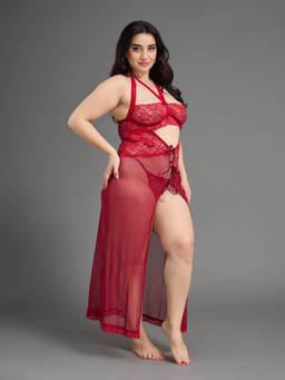 G Heist - Women Plus Size Sheer Self Design Long Nightwear Baby Doll Lingerie