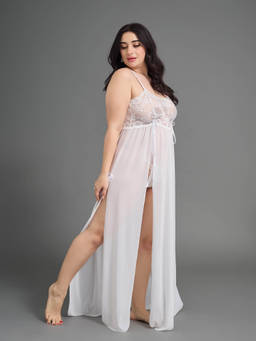 G Heist - Women Plus Size Sheer Self Design Long Nightwear Baby Doll Lingerie