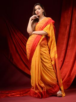 CHARUKRITI - Daffodil Yellow and Orange Cotton Handspun Woven Patterns Saree with Unstitched Blouse