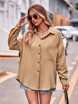 Outzidr - Brown Oversized Textured Street Style Shirt